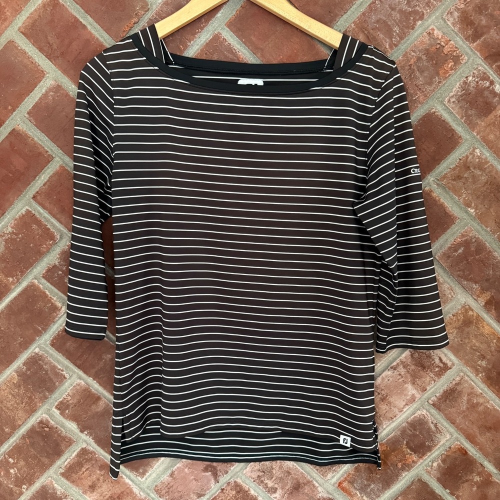 Womens Footjoy FJ 3/4 Sleeve Stretch Crooked Stick CC Stripe Top Sz S Golf Black